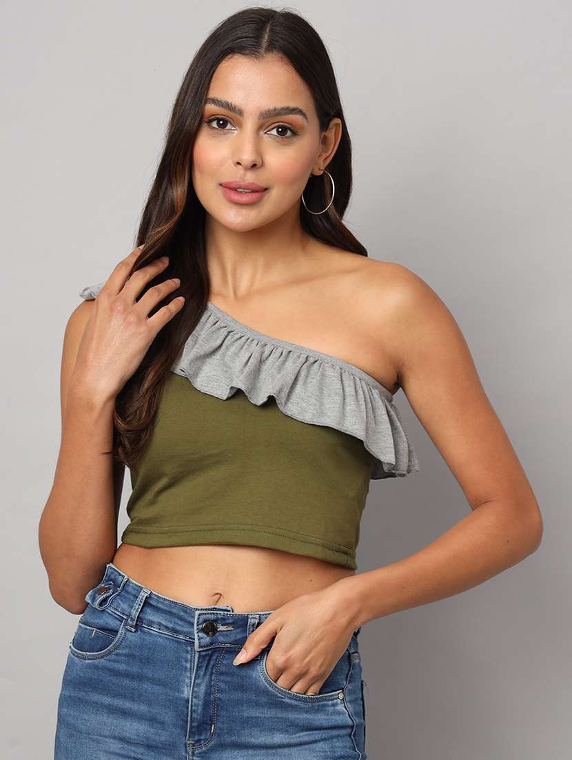 women color block single shoulder crop top - 21741224 -  Zoom Image - 0