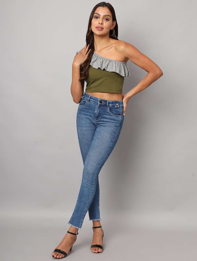 women color block single shoulder crop top - 21741224 -  Standard Image - 3