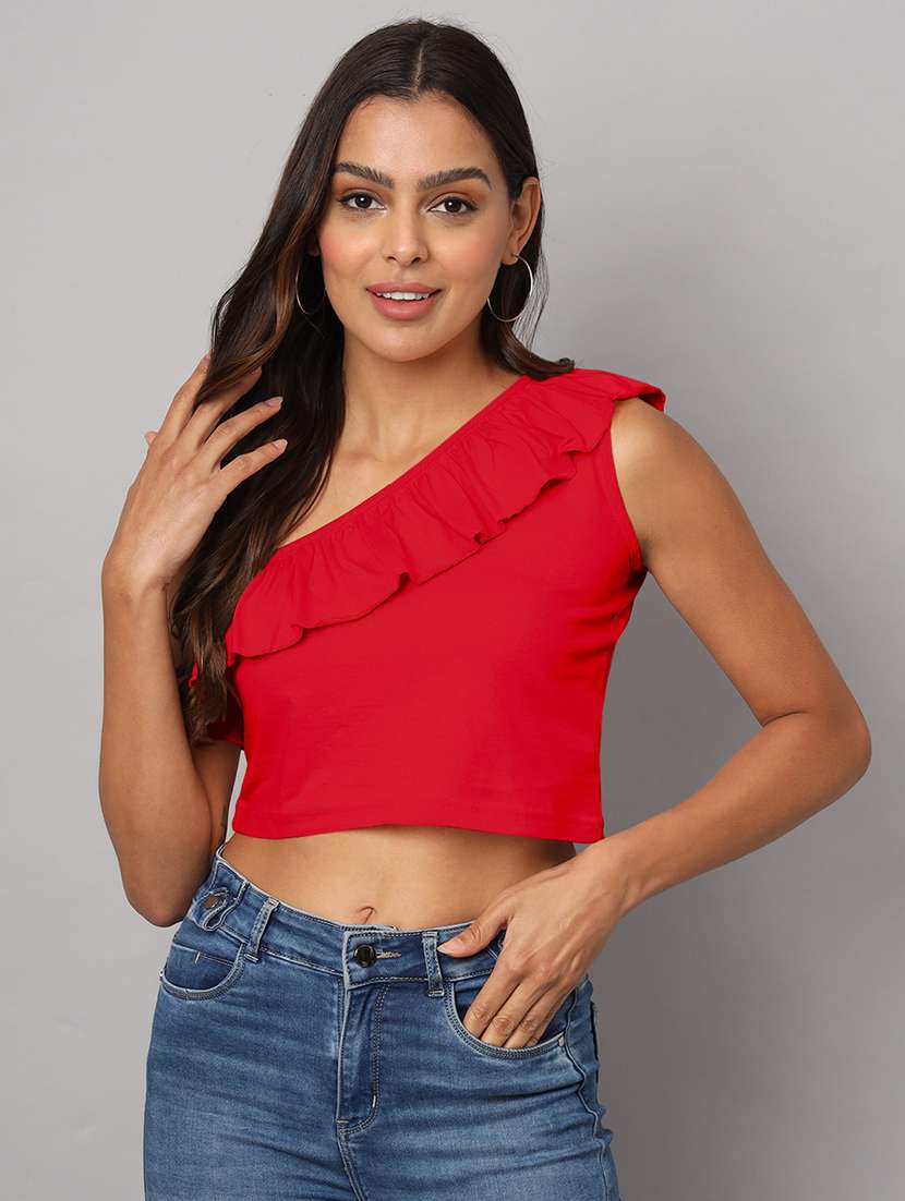women solid single shoulder crop top - 21741228 - Zoom Image - 0
