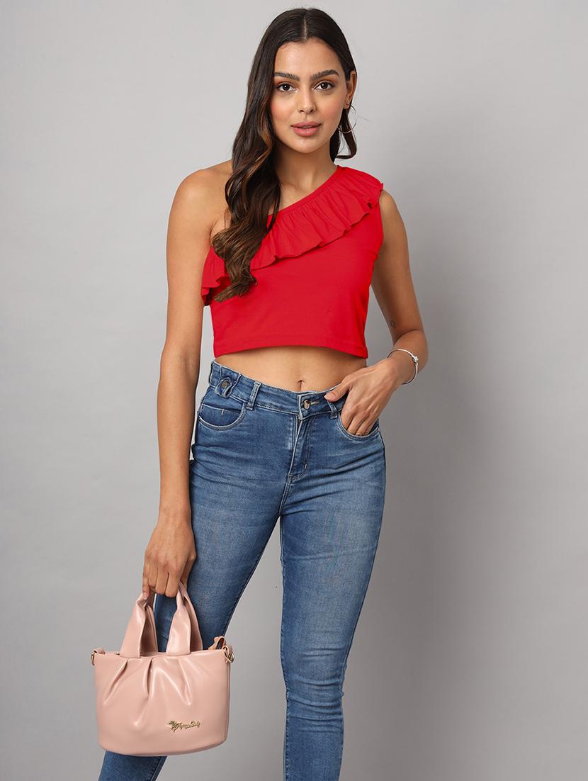 women solid single shoulder crop top - 21741228 - Standard Image - 3