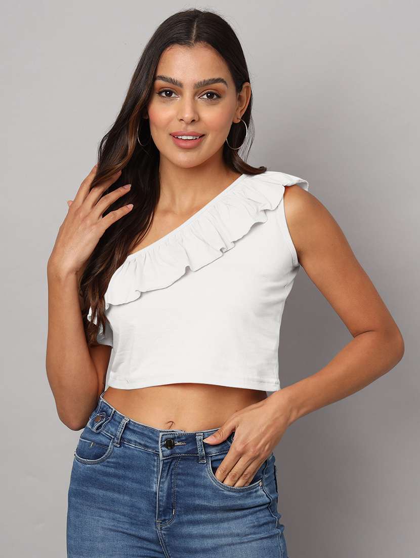 women solid single shoulder crop top