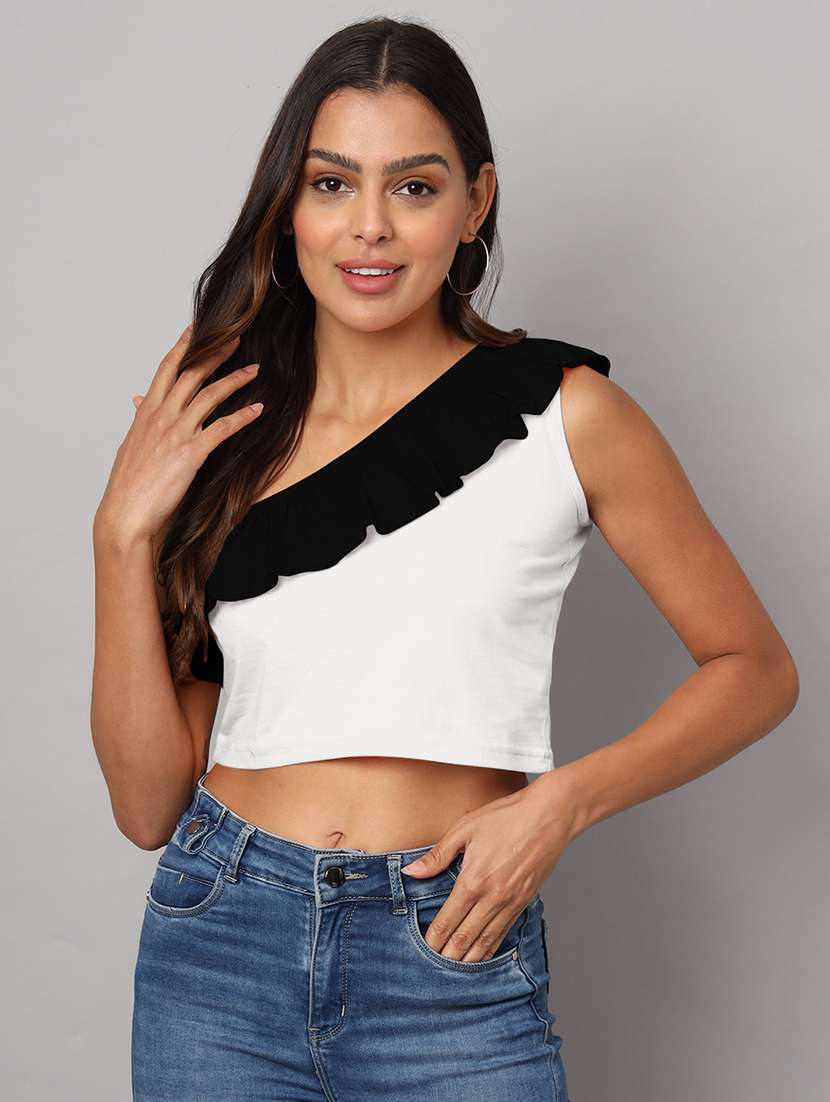 women color block single shoulder crop top