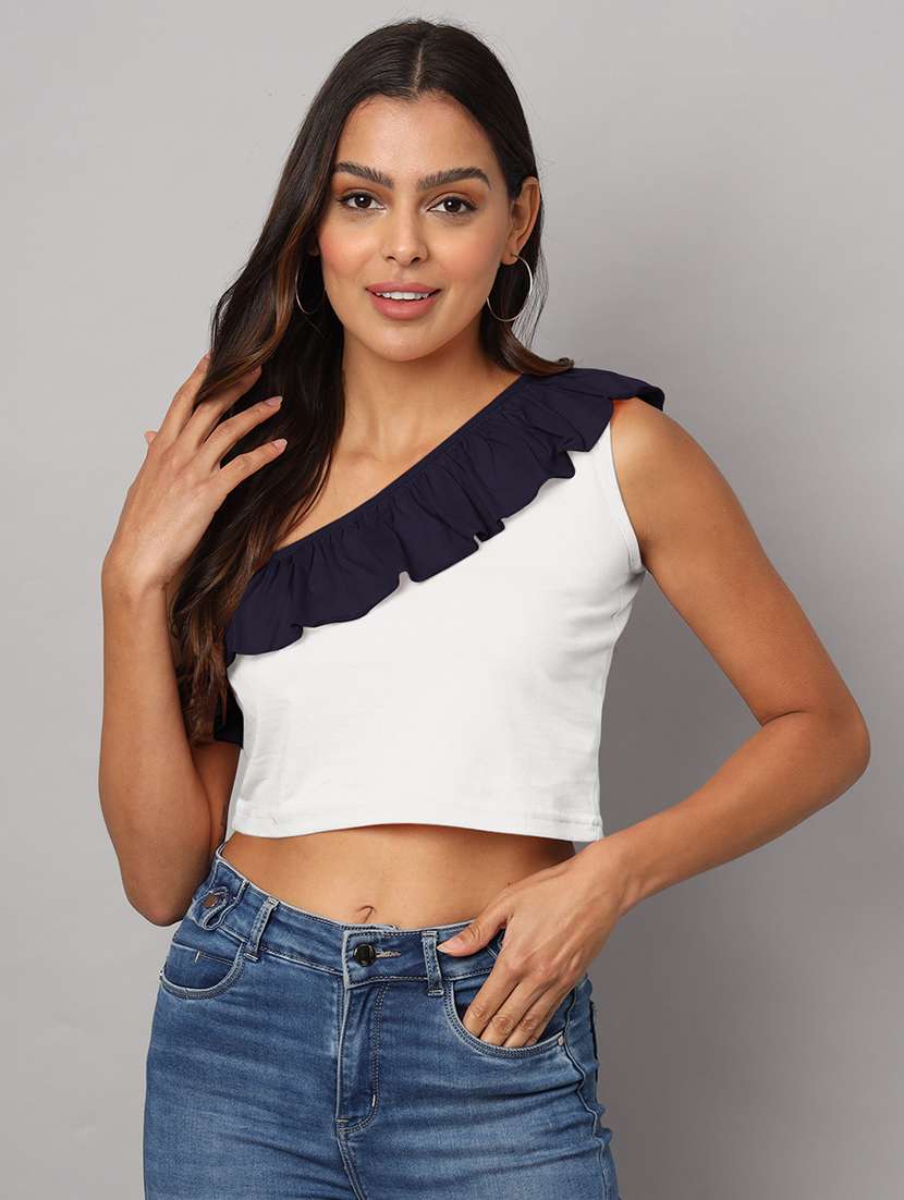 women color block single shoulder crop top - 21741232 - Zoom Image - 0