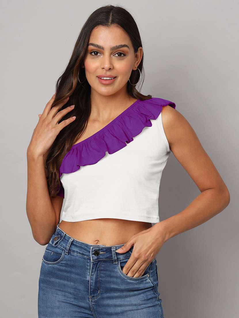 women color block single shoulder crop top - 21741233 - Zoom Image - 0