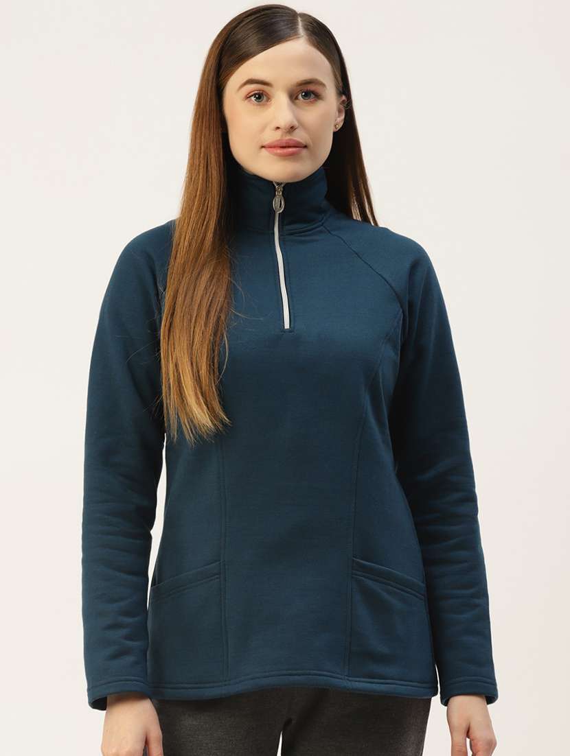 women solid stand collar long sleeves sweatshirt