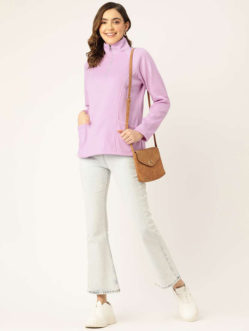 women solid long sleeves stand collar sweatshirt - 21741340 - Standard Image - 3