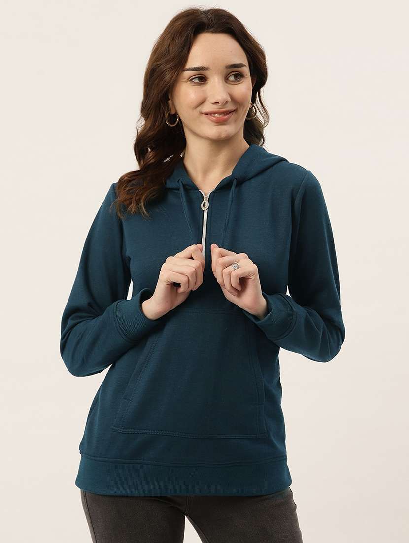 women solid long sleeves hooded sweatshirt