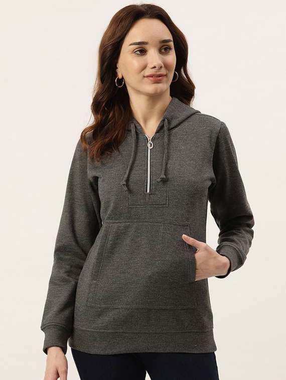 women solid hooded long sleeves sweatshirt