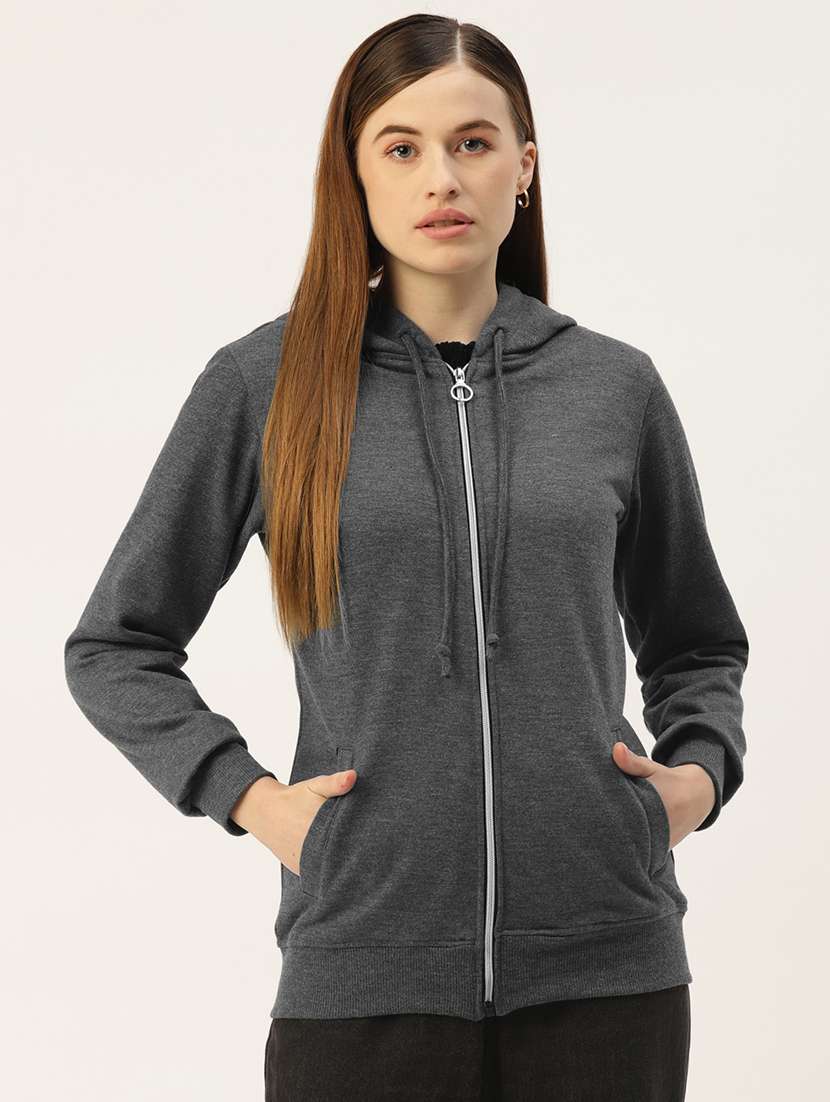 women solid hooded long sleeves sweatshirt