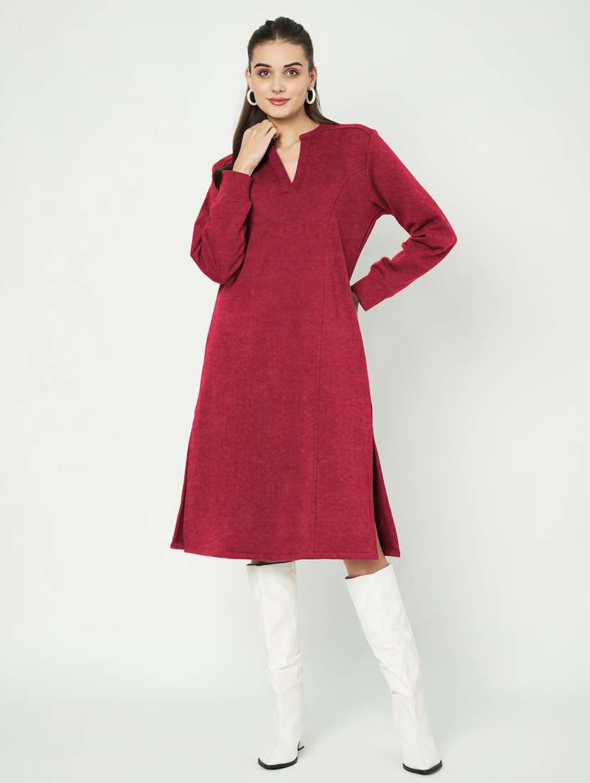 women solid long sleeves a-line dress