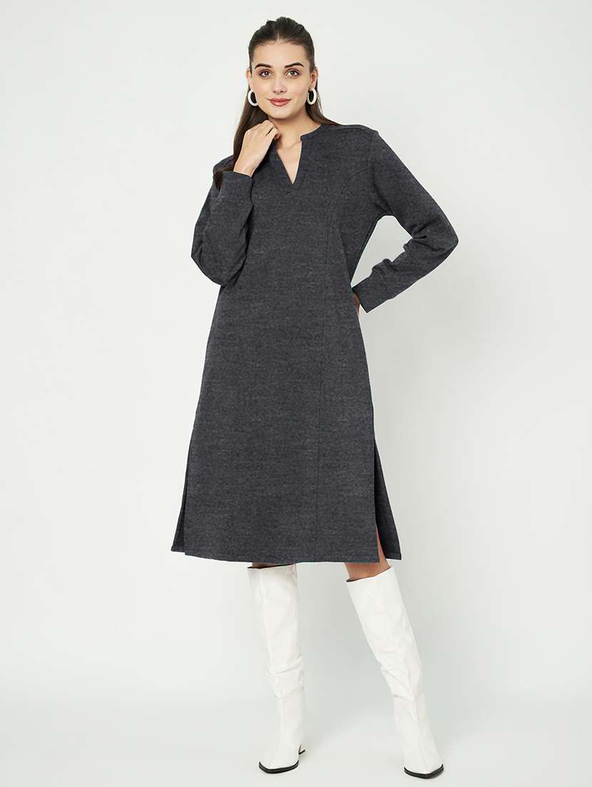 women solid long sleeves a-line dress