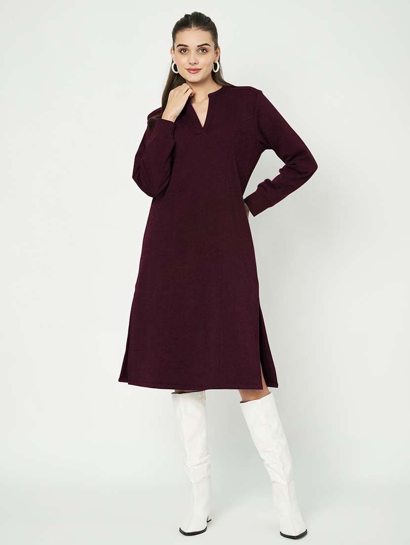 women solid long sleeves a-line dress
