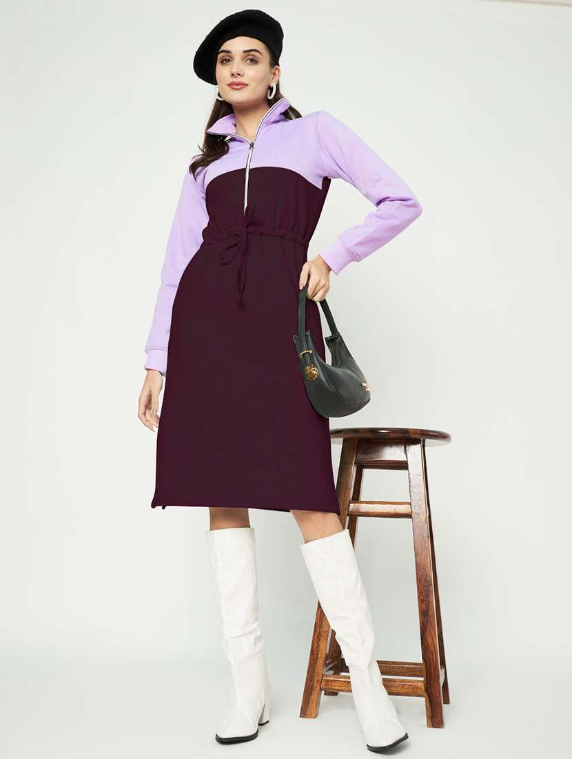 women color blocked long sleeves winter wear dress - 21741697 -  Zoom Image - 0