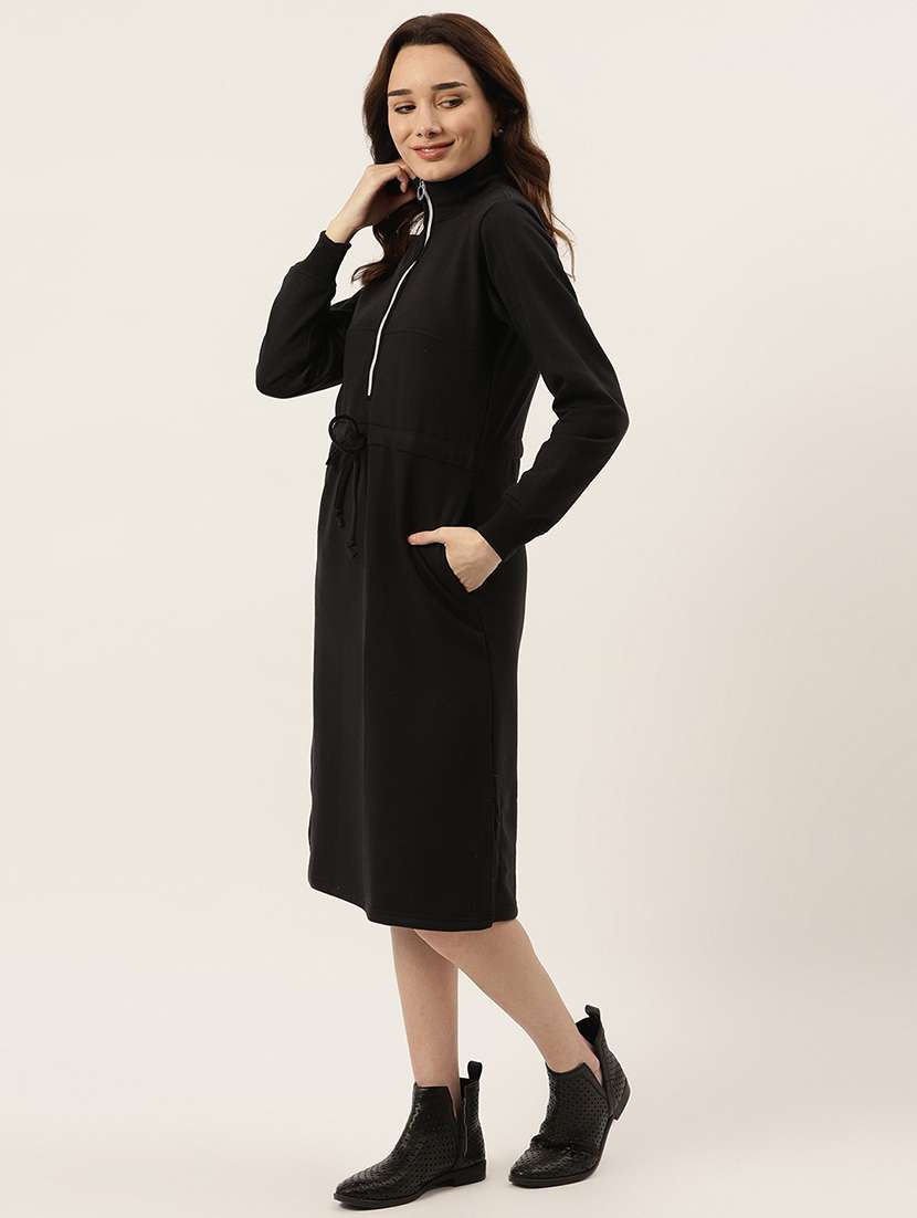 women solid long sleeves winter wear a-line dress