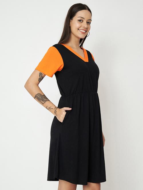 women color blocked short sleeves fit & flare dress - 21741731 - Standard Image - 0