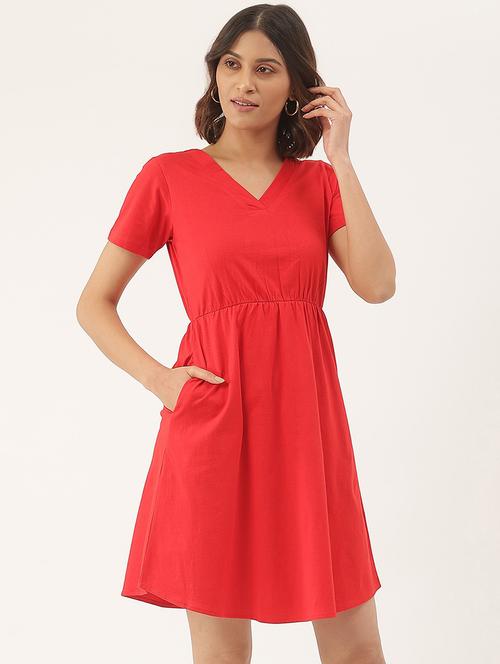 women solid short sleeves fit & flare dress - 21741777 - Standard Image - 0