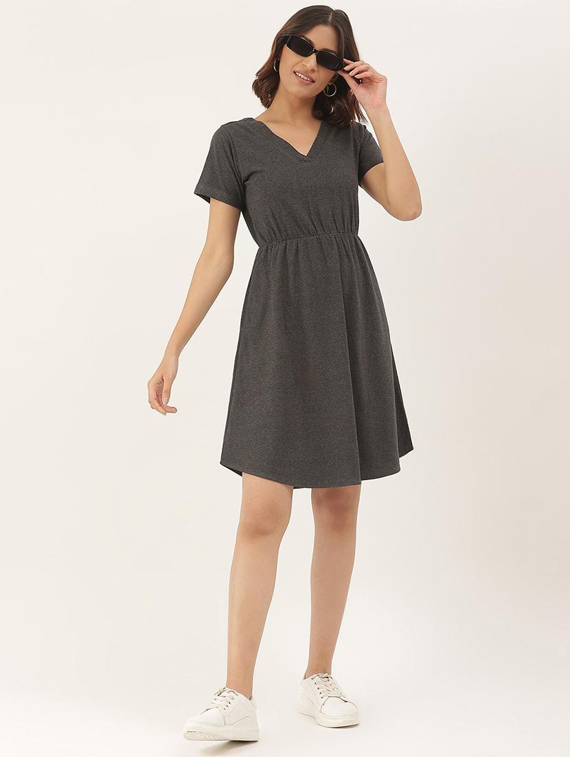 women solid short sleeves fit & flare dress - 21741781 - Zoom Image - 0