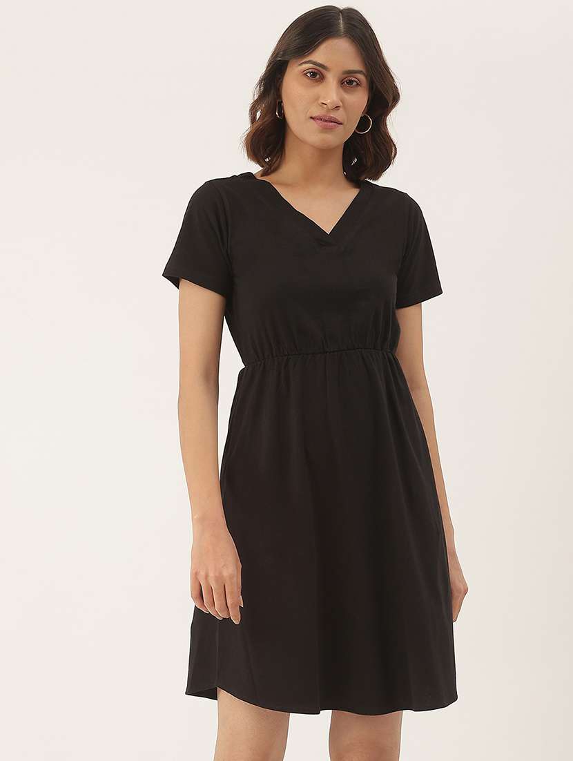 women solid short sleeves fit & flare dress