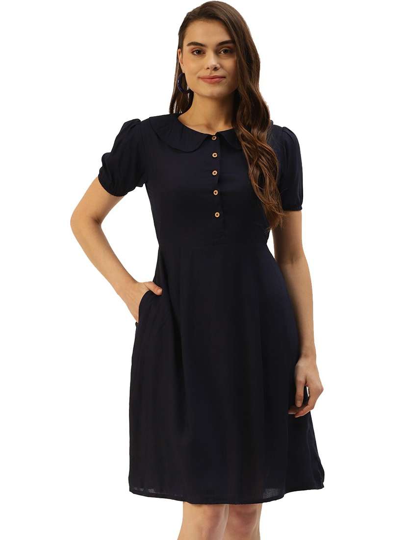 women solid peter pan puff sleeves a-line dress