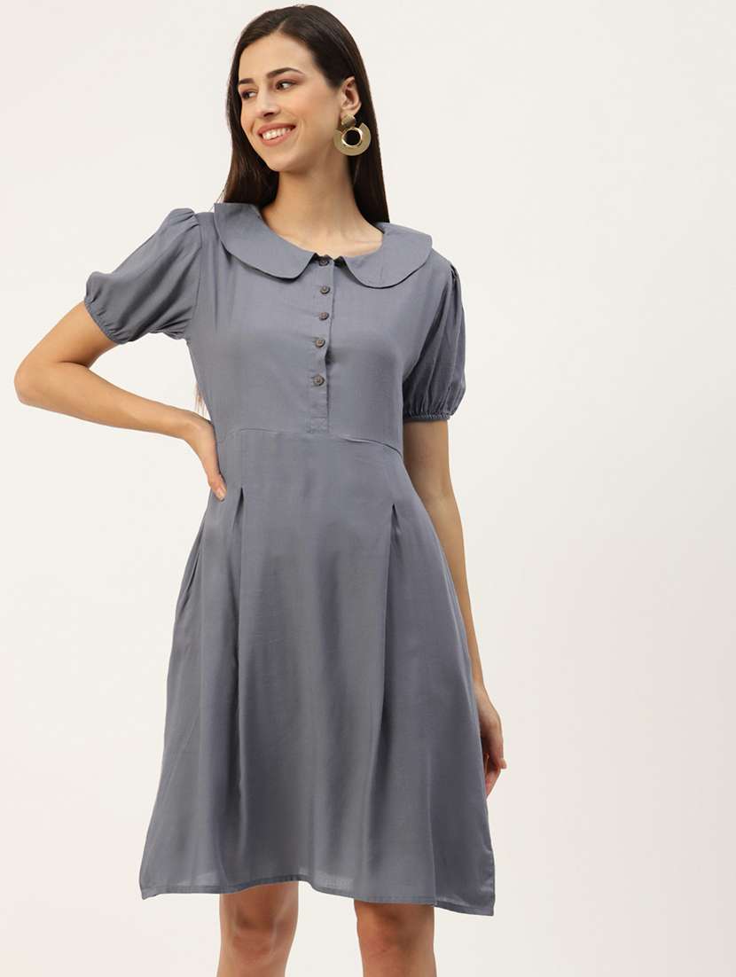 women solid puff sleeves a-line dress