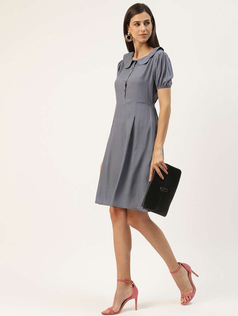 women solid puff sleeves a-line dress - 21741804 -  Standard Image - 3