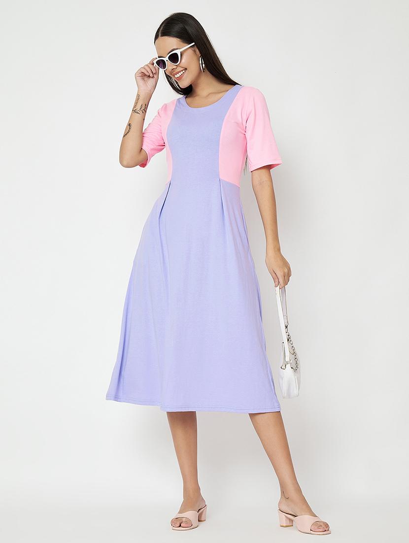 women color blocked round neck a-line dress - 21741814 - Standard Image - 3