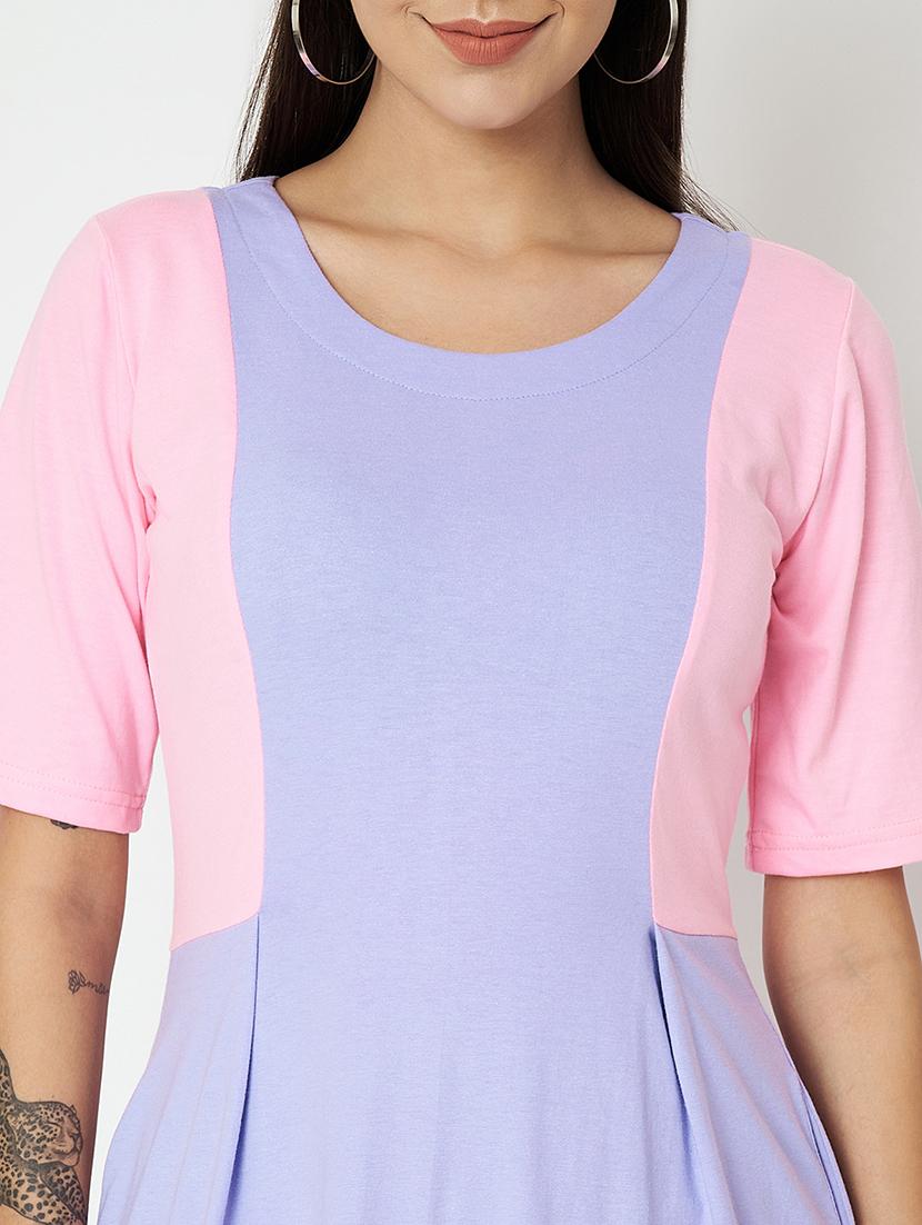 women color blocked round neck a-line dress - 21741814 - Standard Image - 5
