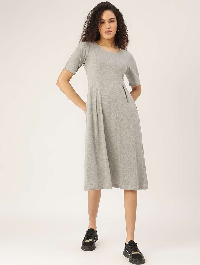 women solid round neck a-line dress