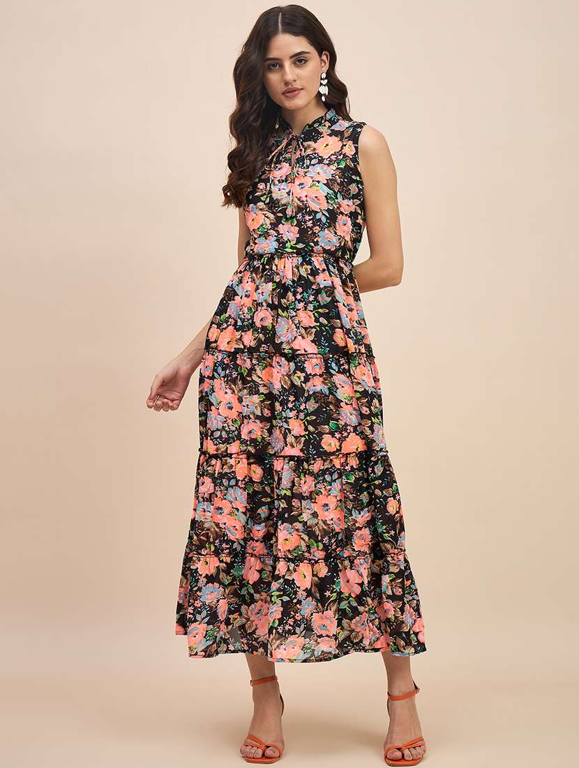 women printed tie up neck tiered dress - 21741824 -  Zoom Image - 0