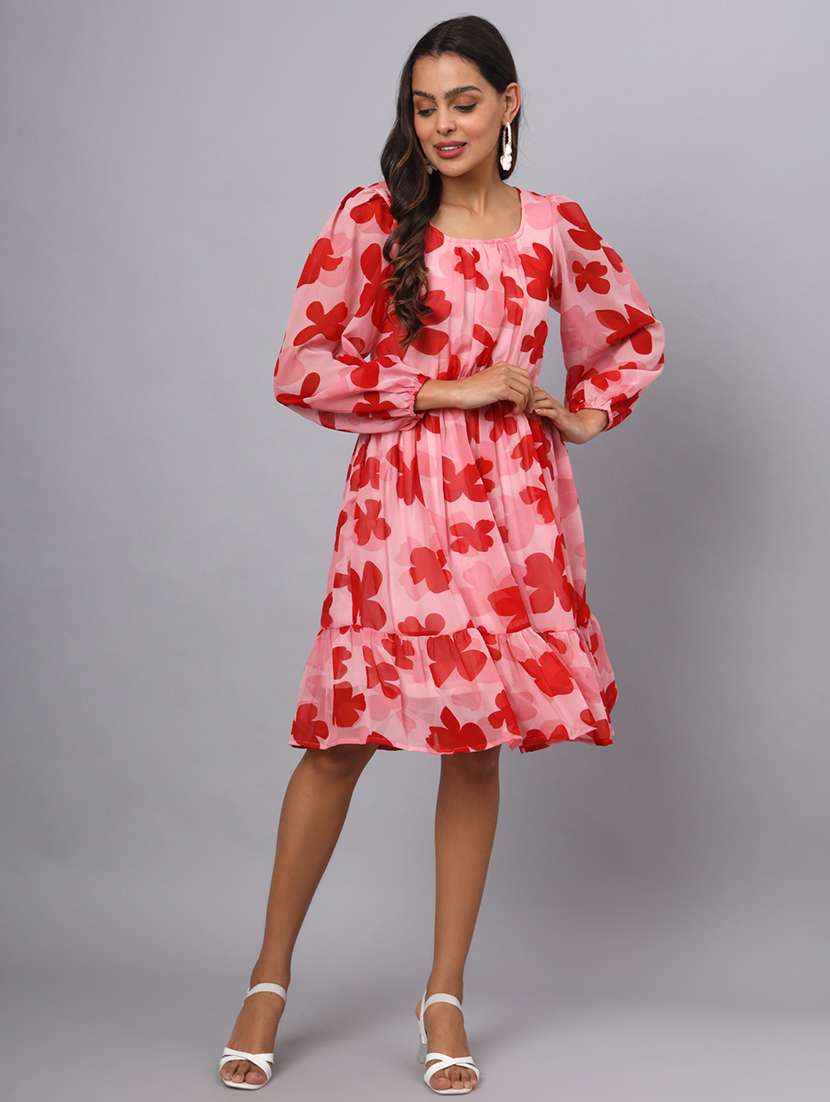 women floral print puff sleeves tiered dress