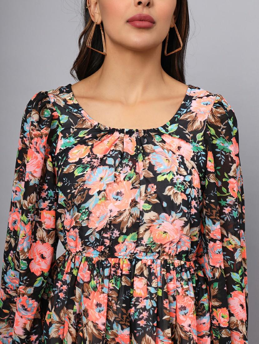women floral print puff sleeves tired dress - 21741851 - Standard Image - 5