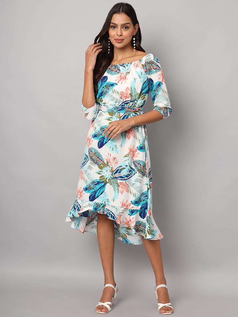 women printed boat neck asymmetric dress