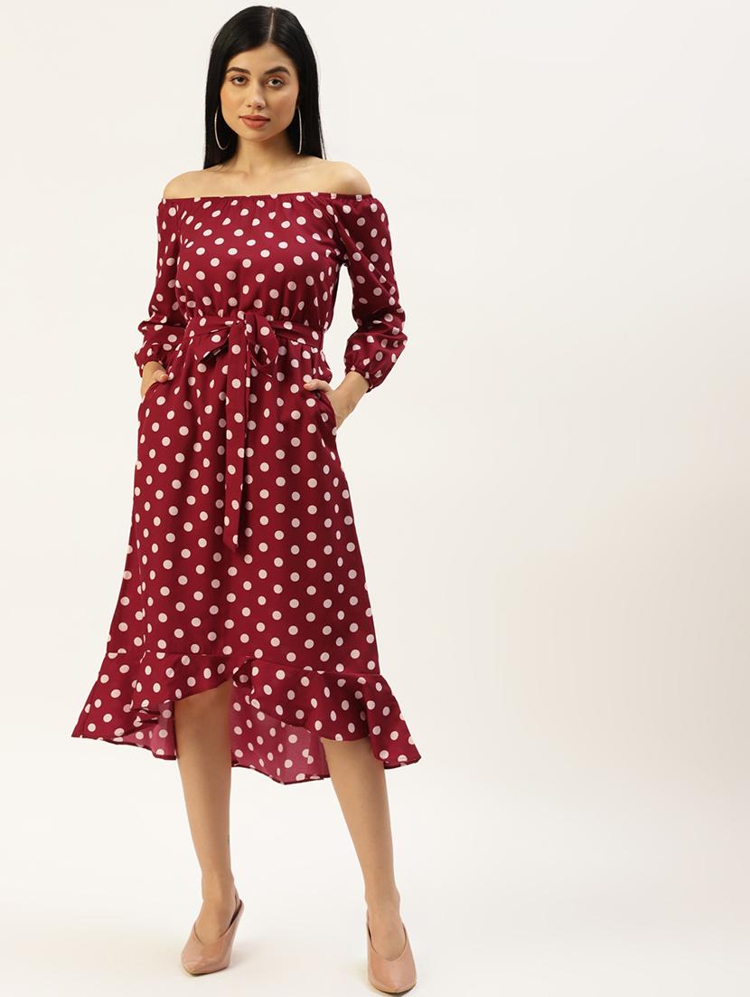women polka doted off shoulder high low dress - 21741869 - Zoom Image - 0