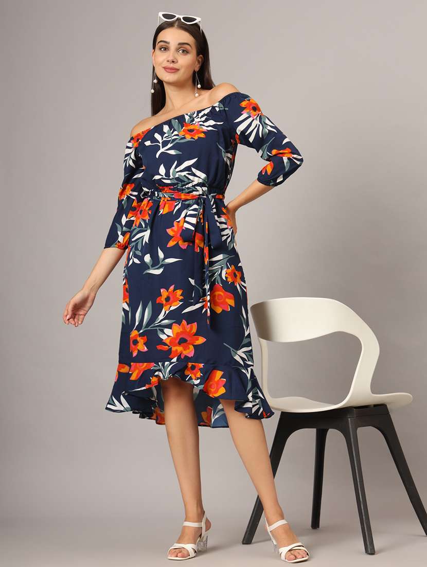 women printed off shoulder high low dress