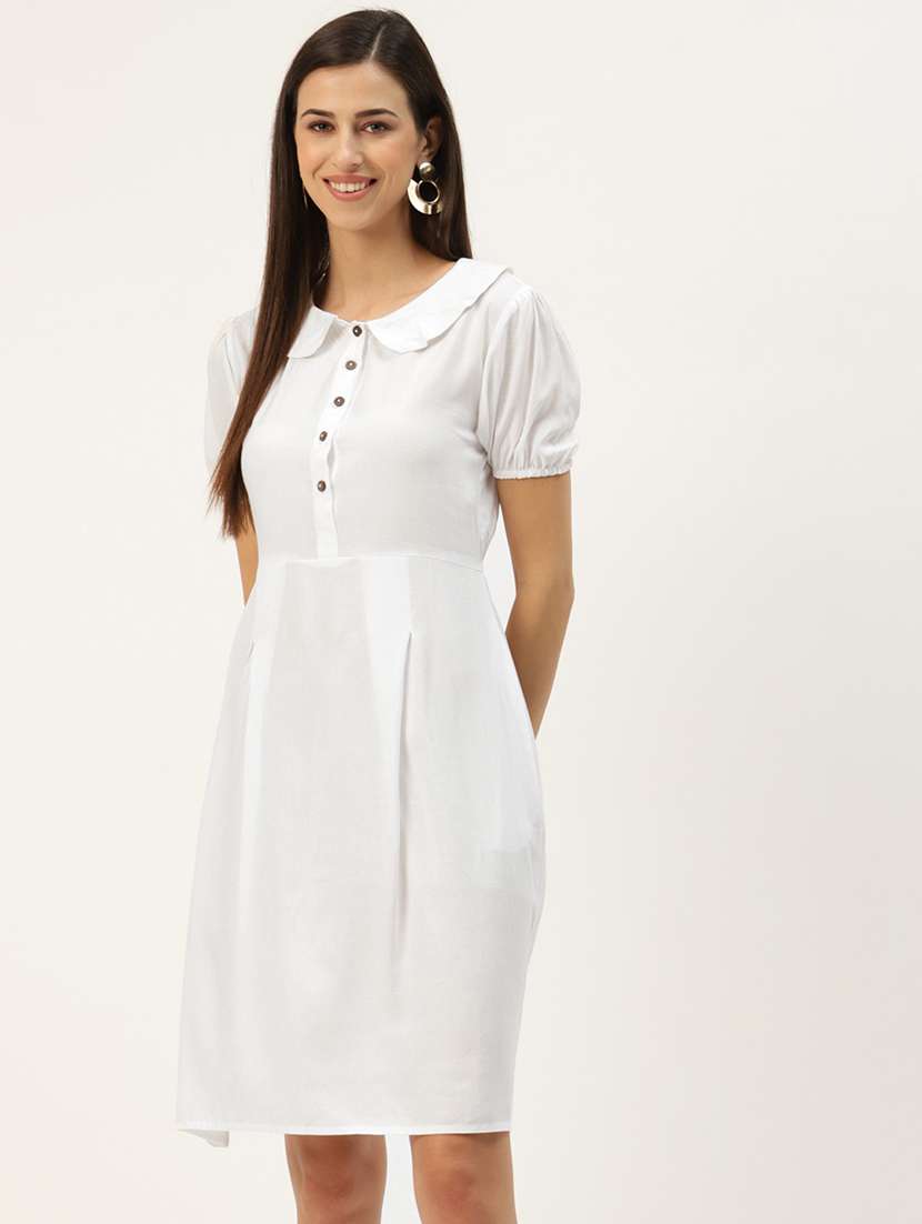 women solid puff sleeves a-line dress