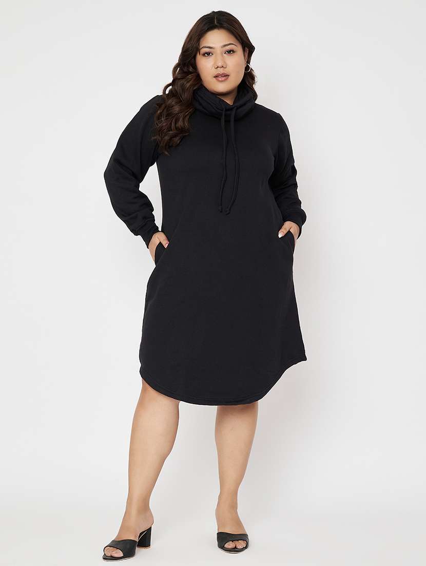 women solid high neck long sleeves t-shirt dress