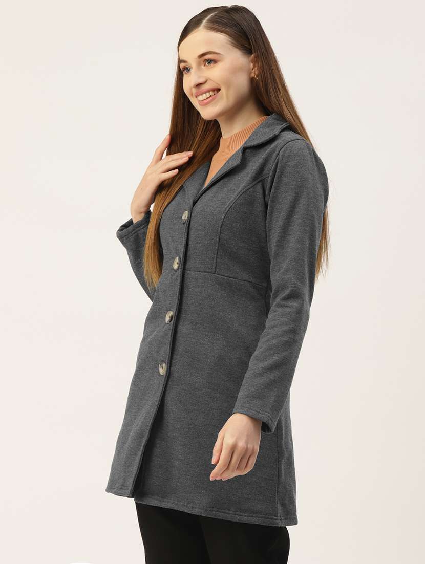 women solid long sleeves regular coat
