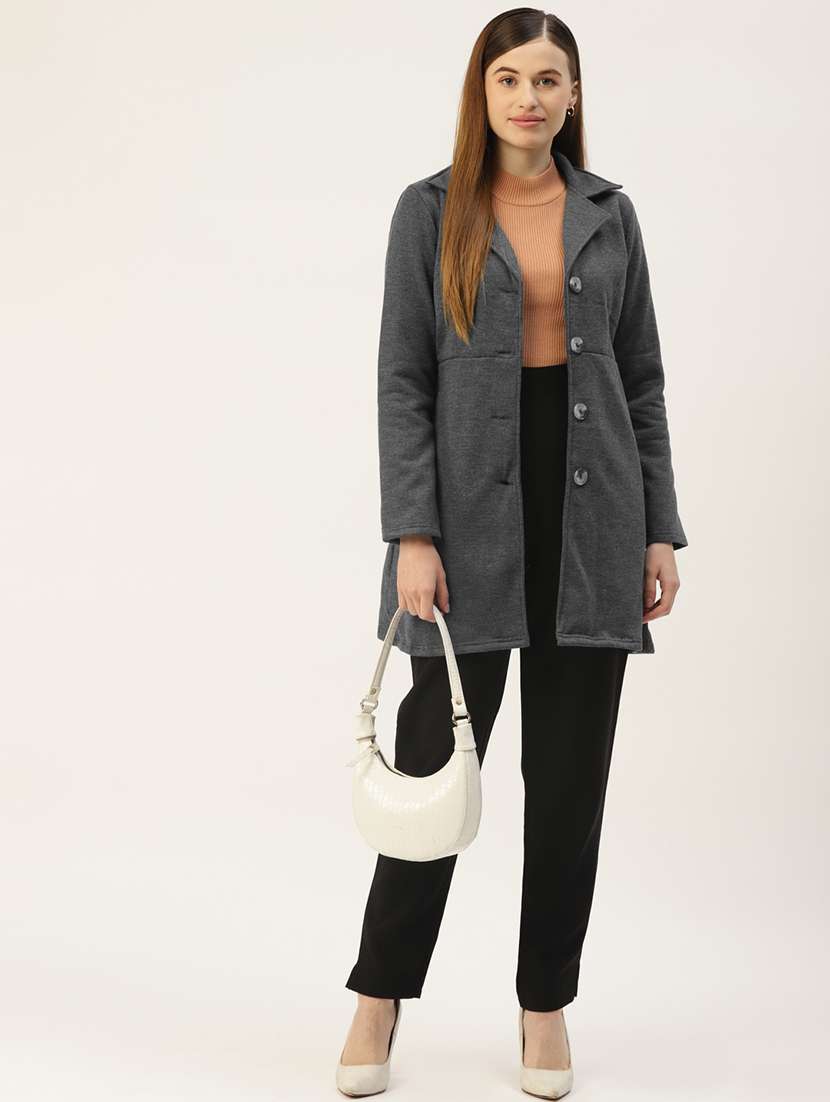 women solid long sleeves regular coat - 21741979 -  Standard Image - 3