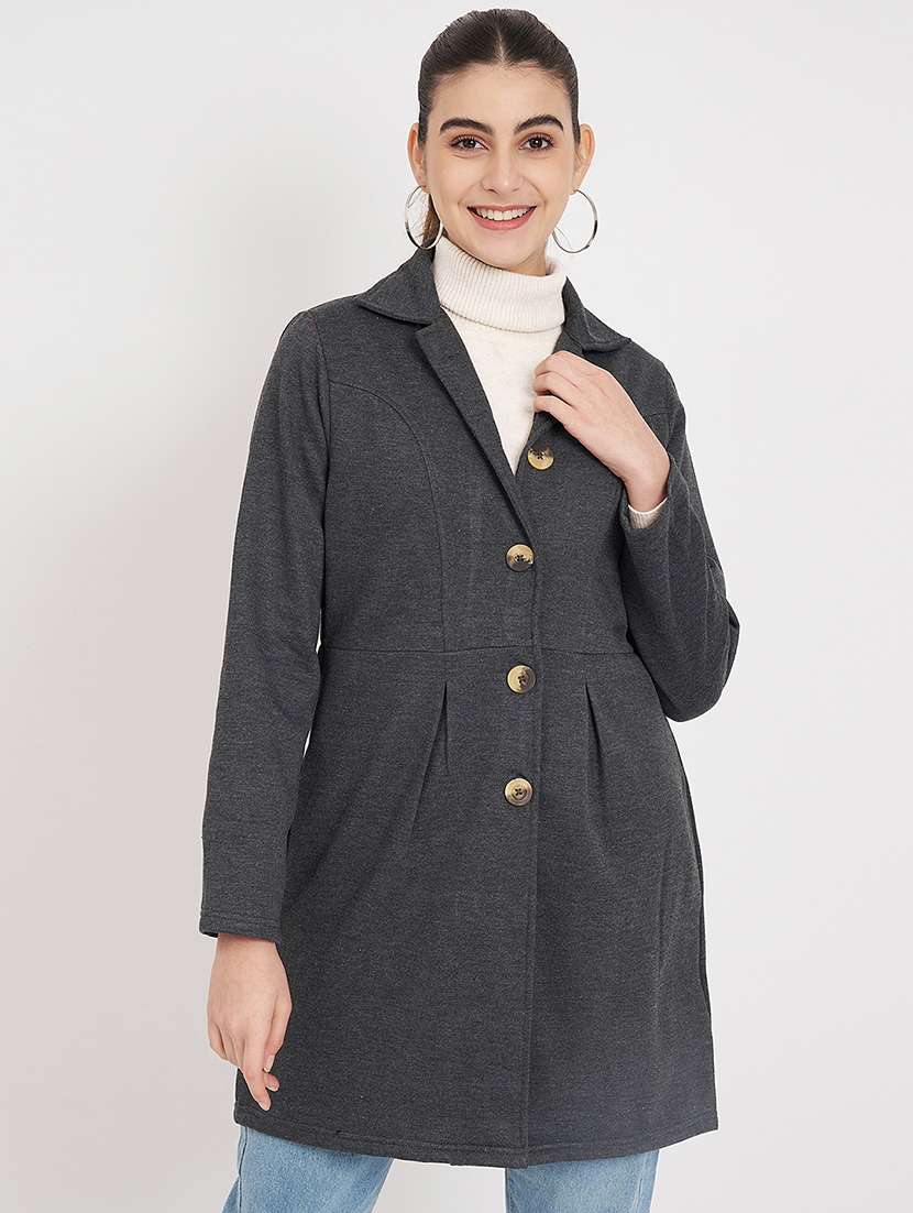 women solid long sleeves regular coat