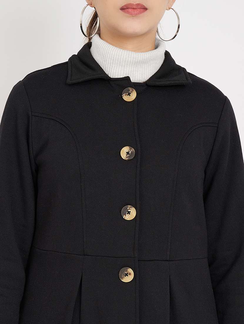 women solid long sleeves regular coat - 21741990 -  Standard Image - 3