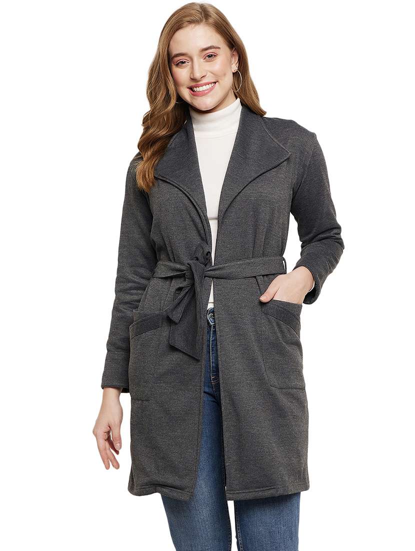 women solid long sleeves regular coat