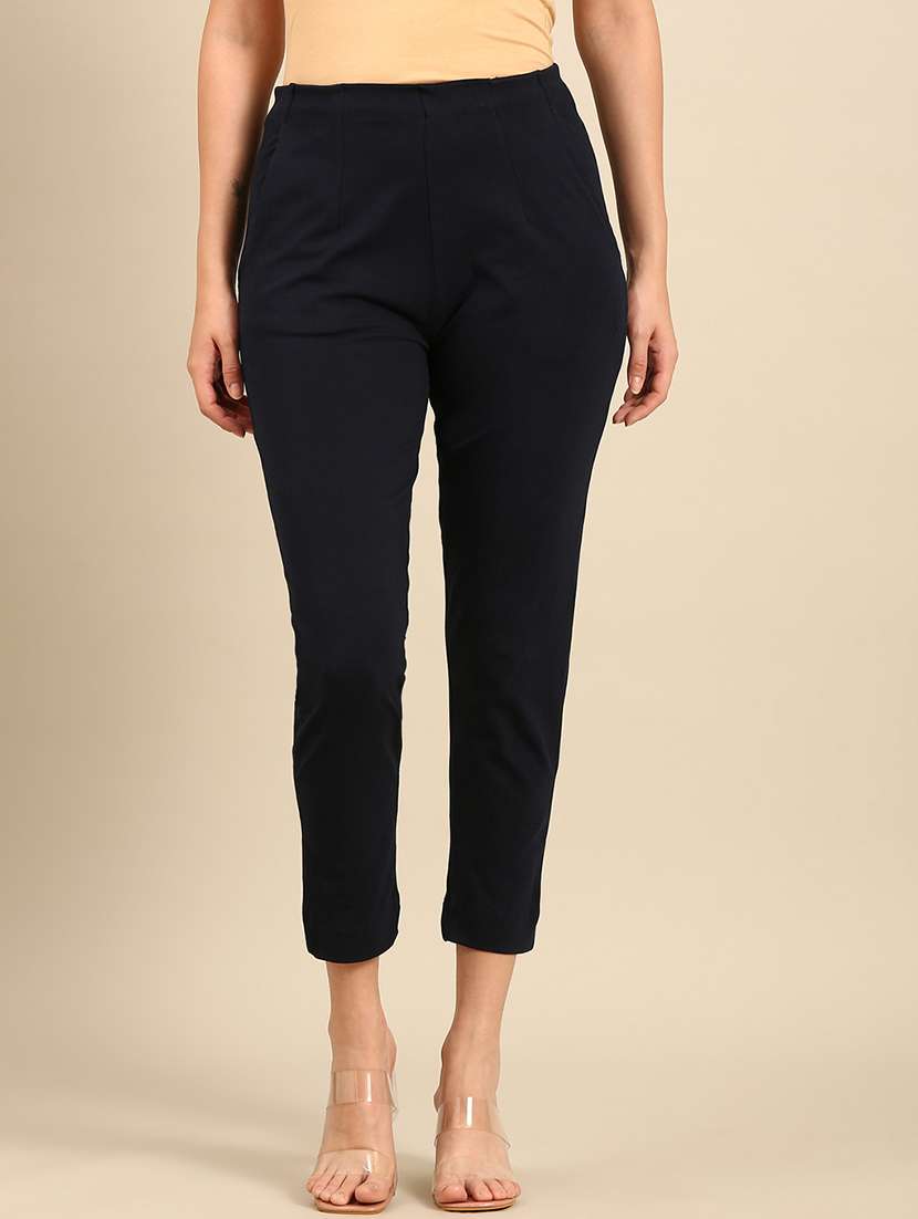 women solid mid rise cigarette pants