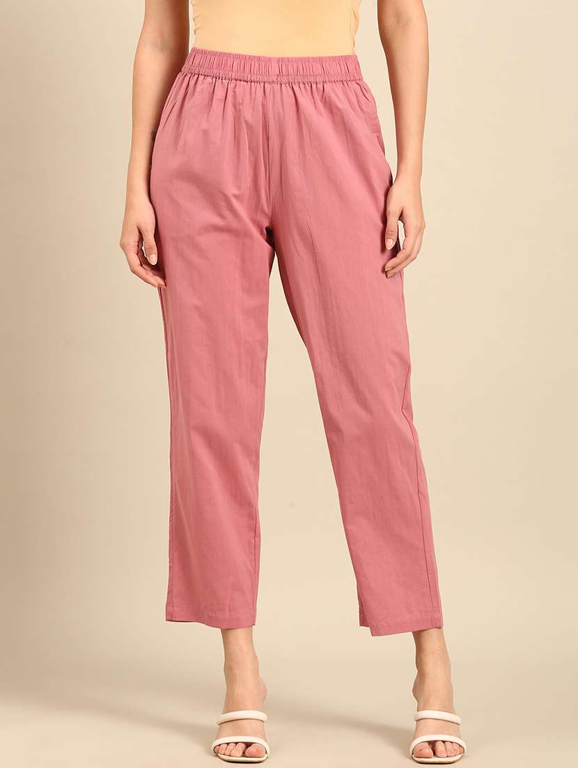 women solid mid rise straight pant
