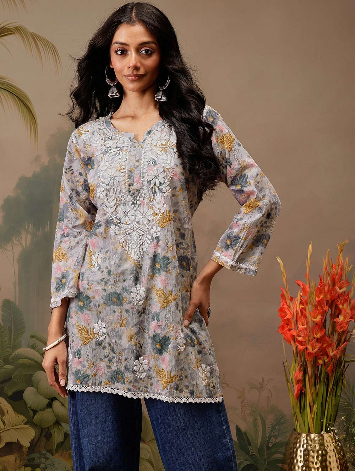 women chikankari work notch neck straight kurti - 21742522 -  Zoom Image - 0