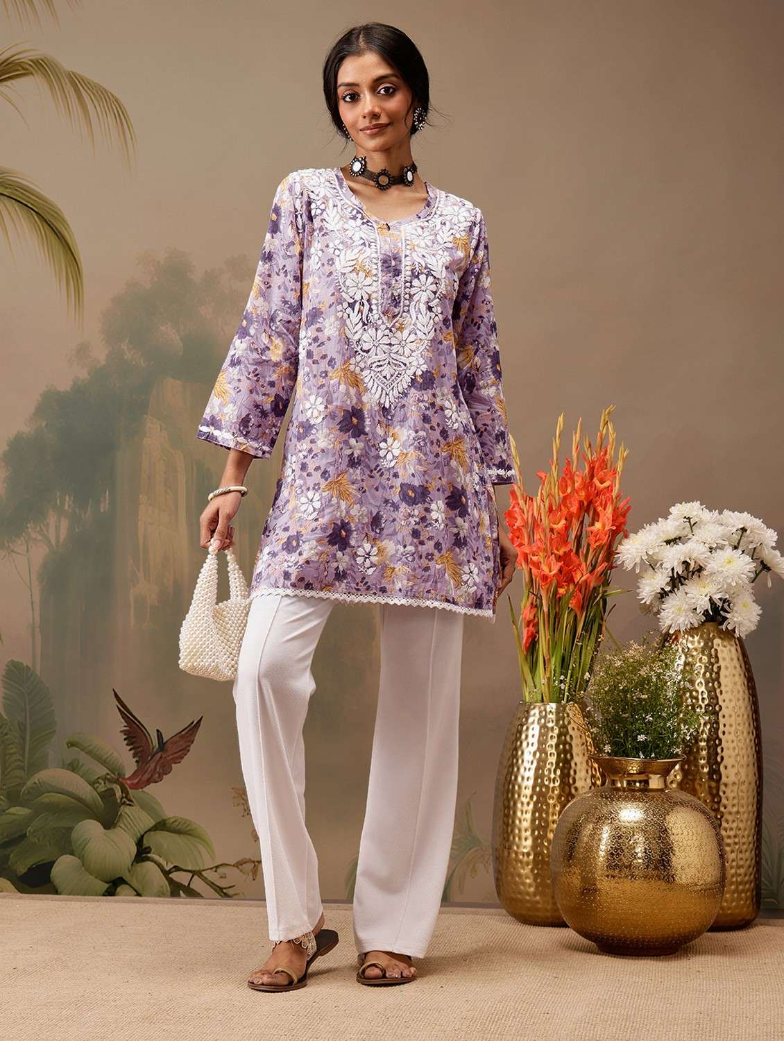 women chikankari work notch neck straight kurti - 21742523 -  Standard Image - 3