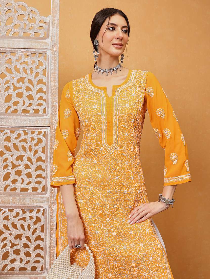 women three quarter sleeve chikankari straight kurta - 21742542 -  Standard Image - 5