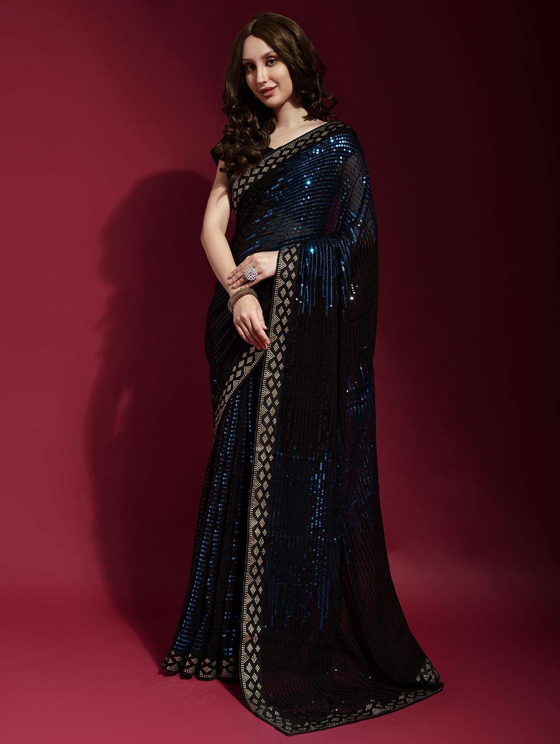 women blue sequin work party wear saree with blouse - 21742631 -  Zoom Image - 0