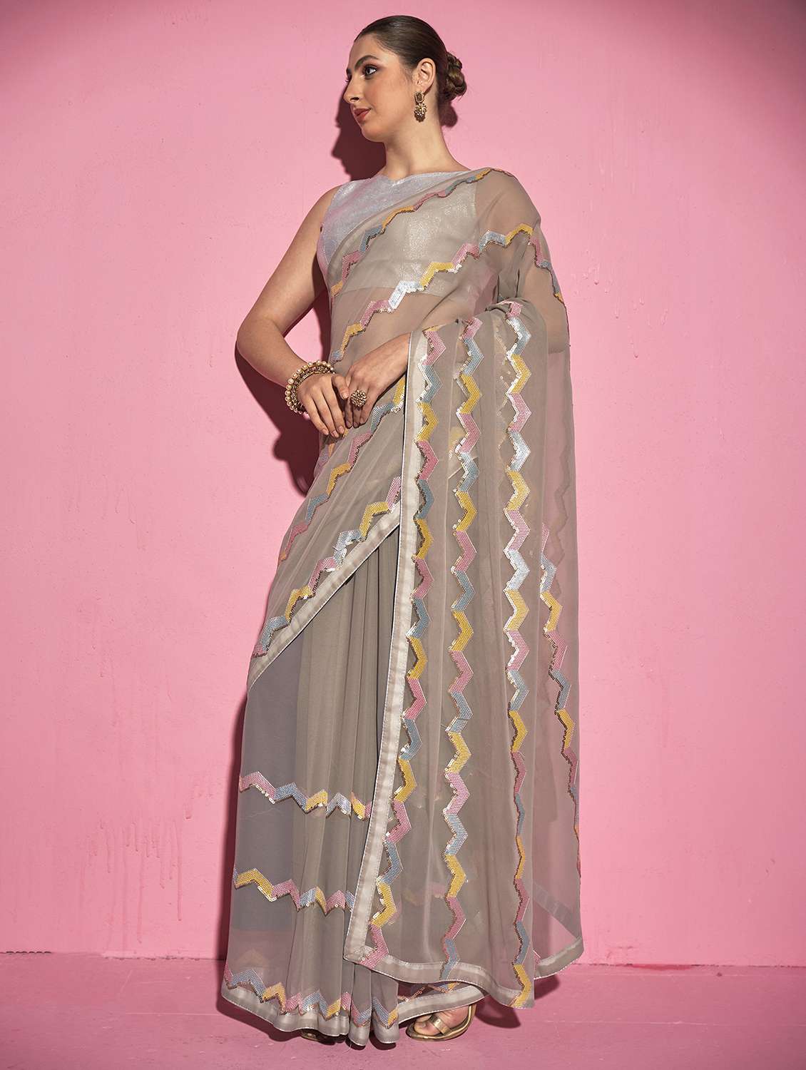 women grey sequin work party wear saree with blouse - 21742653 -  Zoom Image - 0