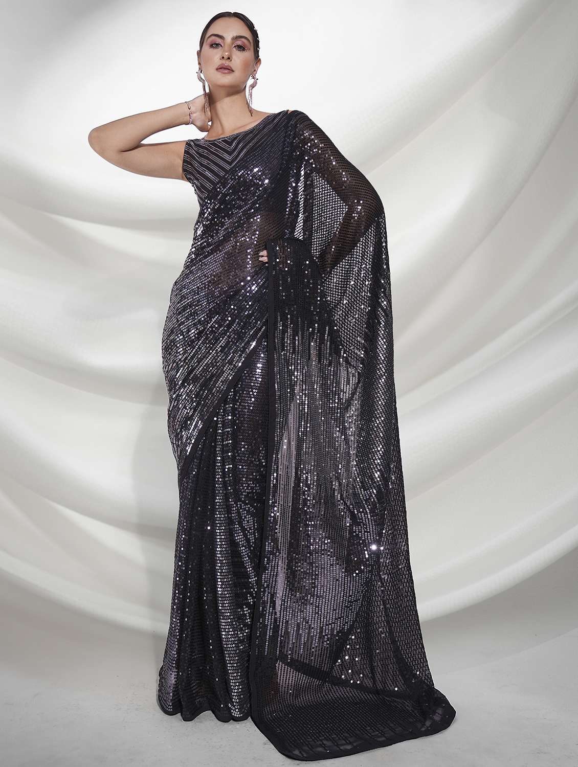 women black sequin work party wear saree with blouse - 21742655 - Zoom Image - 0
