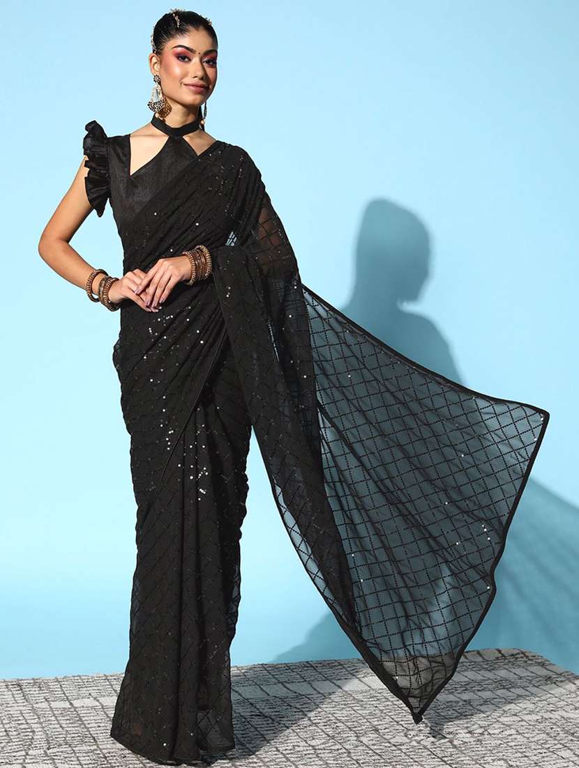 women black sequin work party wear saree with blouse - 21742658 - Zoom Image - 0